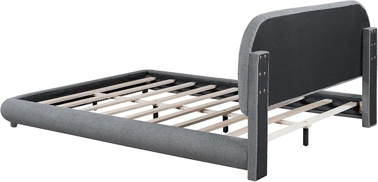 Christopher Knight Home Veatch Boucle Bed Frame, Queen Size Bed, Upholstered Teddy Fleece Headboard, Soft Bed Queen, Curve-Shaped Design Headboard, Wood Slat Platform Bed, Easy Assembly, Gray
