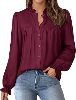 Button Down Shirts for Women Dressy Casual Blouses Long Puff Sleeve Shirts Elegant Pleated Tunic Tops Business Casual Tops Fall Solid Retro Blouses, Wine Red, XXL