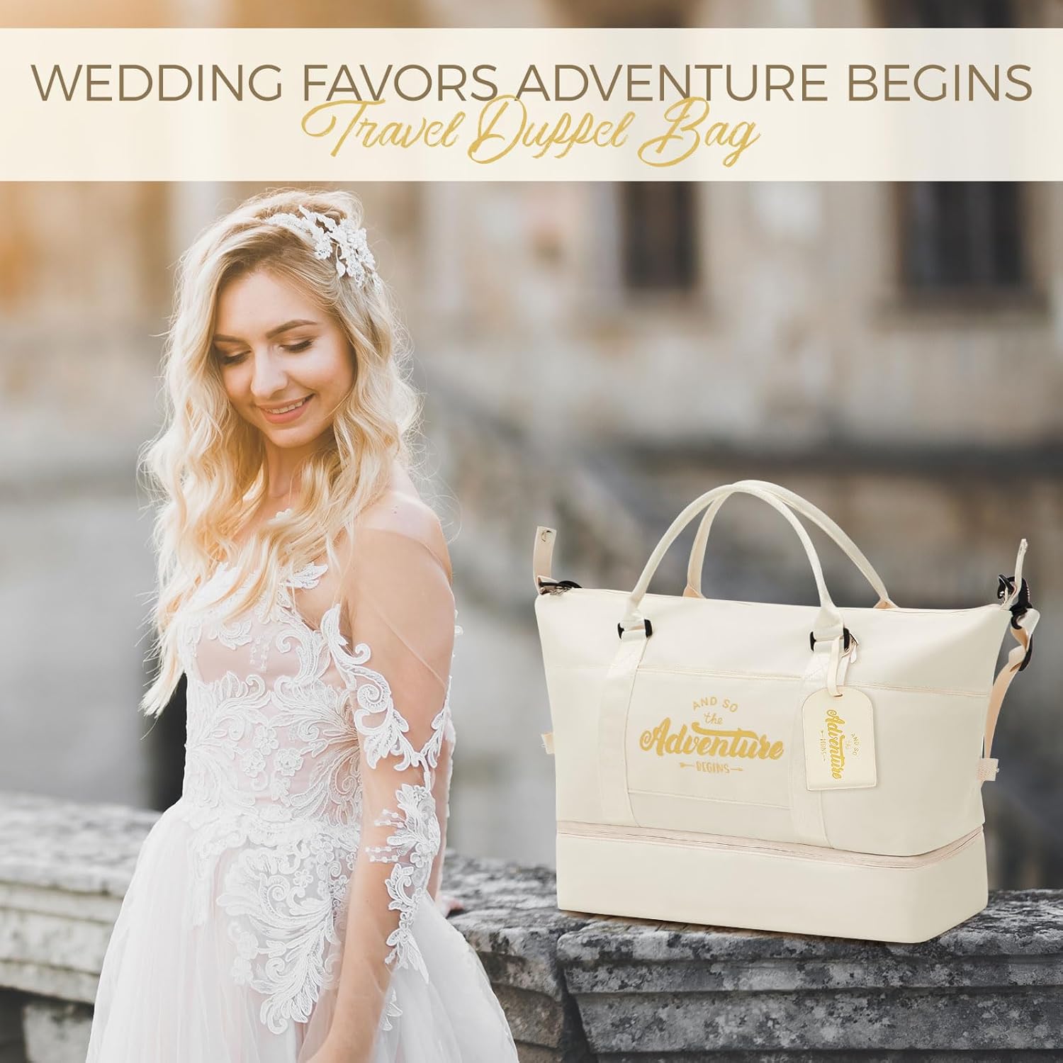 Wedding Weekender Bag for Women, Bride Bag Gift with Shoe Compartment & Luggage Tag, 'and So The Adventure Begins' Travel Duffel Accessories for Bridal Shower, Bachelorette Party, Graduation - Image 2