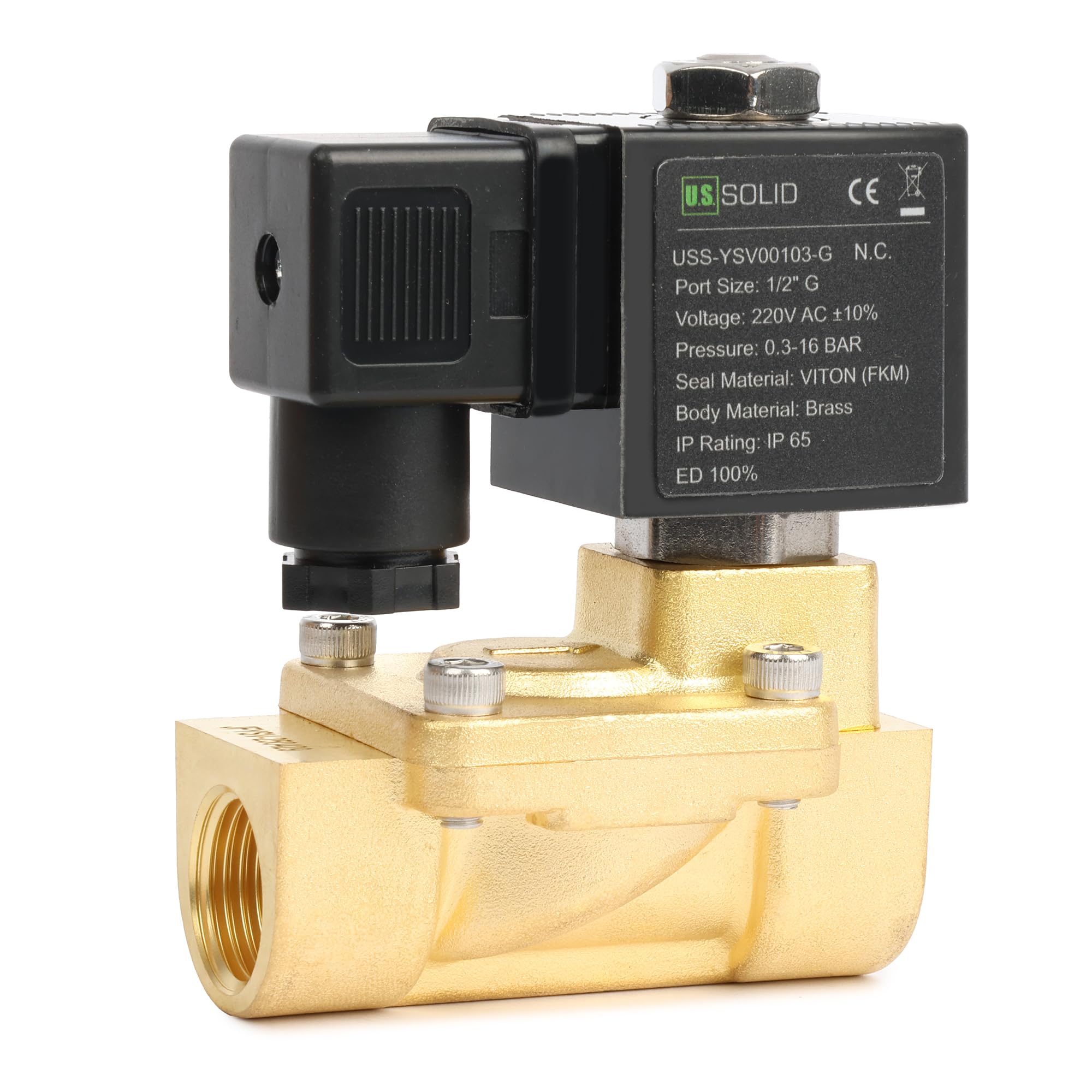 U.S. Solid Electroválvula de latón 1/2" 230 V CA, 0,3-16 bar, cerrado sin corriente, junta Viton, rosca G, controlada por piloto