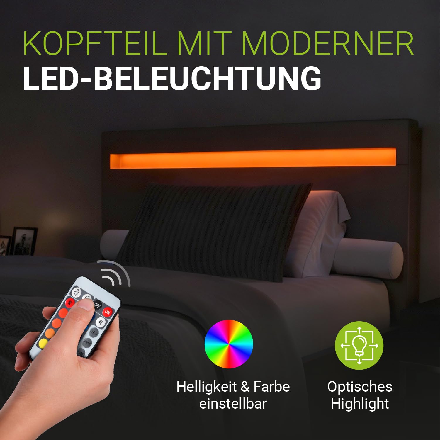 Juskys Polsterbett Paris 120x200 cm - Bett komplett mit LED-Beleuchtung, Matratze und Lattenrost - Kunstleder Bezug - schwarz - Jugendbett