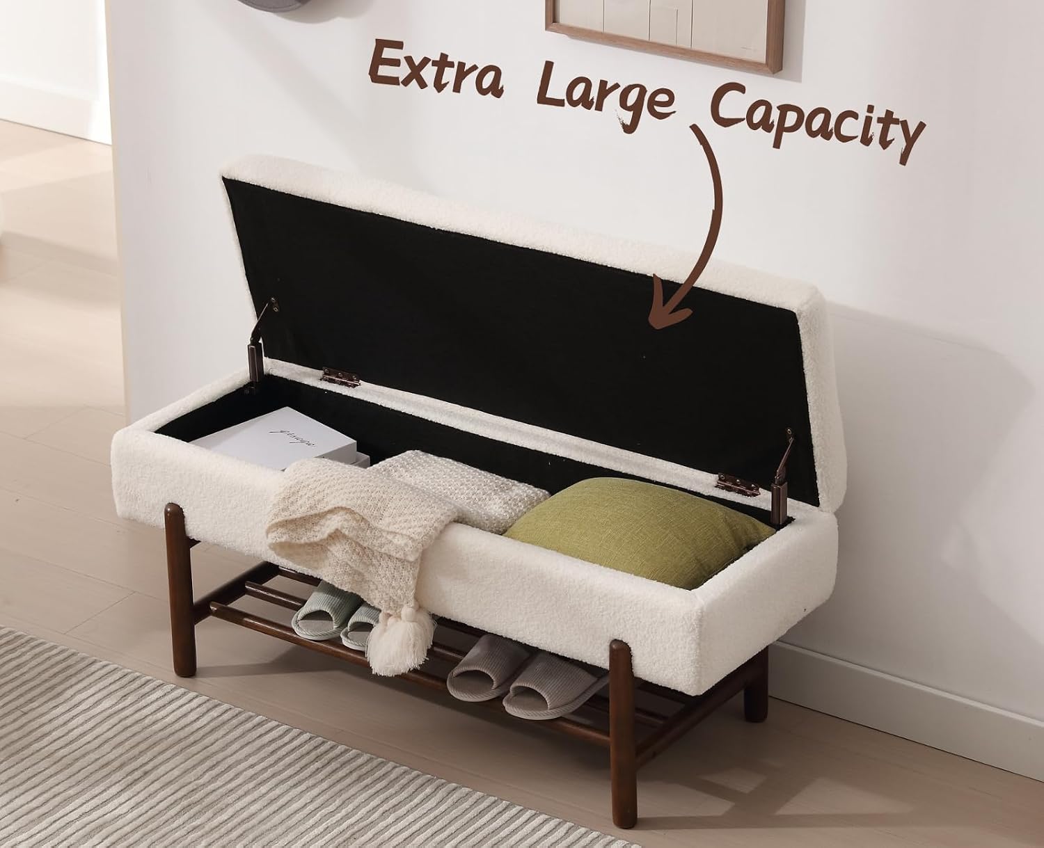 CIMOTA Entryway Storage Bench for Bedroom Sherpa End of Bed Ottoman Bench with Wood Shoe Storage for Living Room/Hallway/Under Window/Corner, 45 Inches, Fur Beige