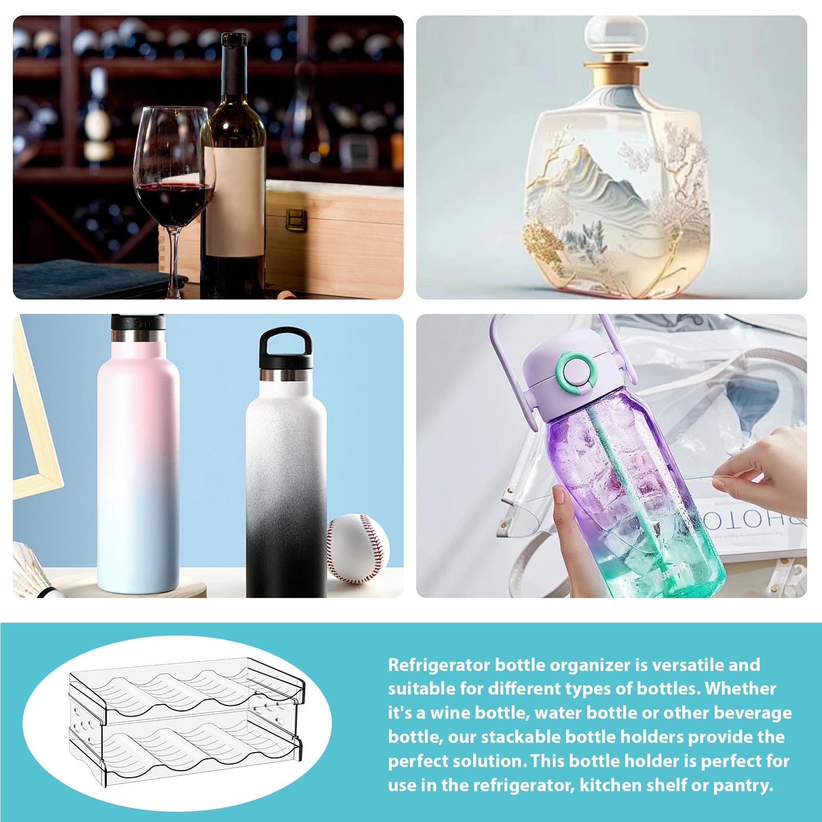 Portabottiglie Plastica Impilabile: 8 Bottiglie Portabottiglie Vino, Portabottiglie Acqua, Organizar per Bottiglie d'Acqua in Plastica per Cucina, Frigorifero, Dispensa, Armadi, Soggiorno