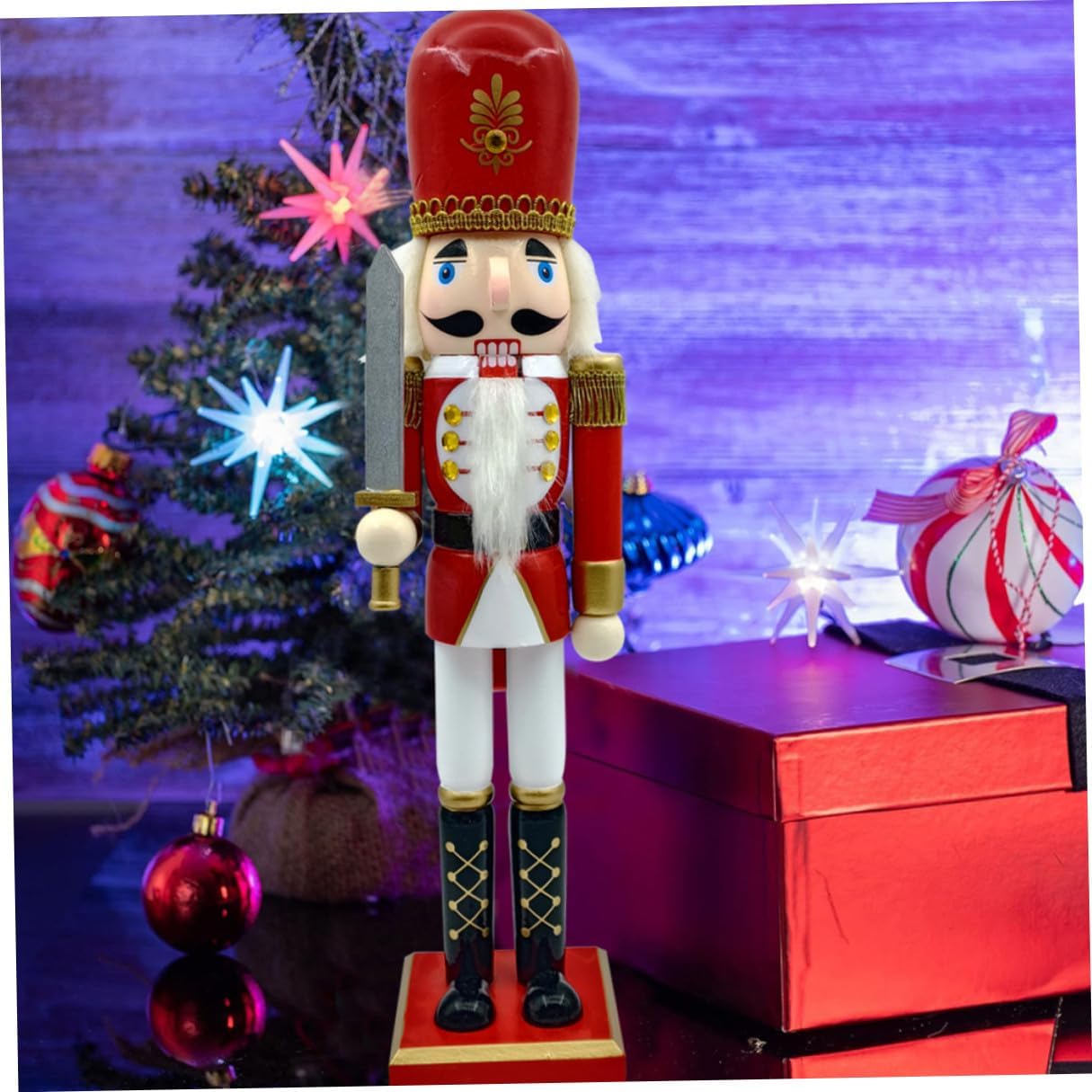 YARNOW Wooden Nutcracker Decoration 39.5cm Christmas Tabletop Ornament Red White Gold King Soldier Figurine Holiday Desktop Nutcrackers Craft