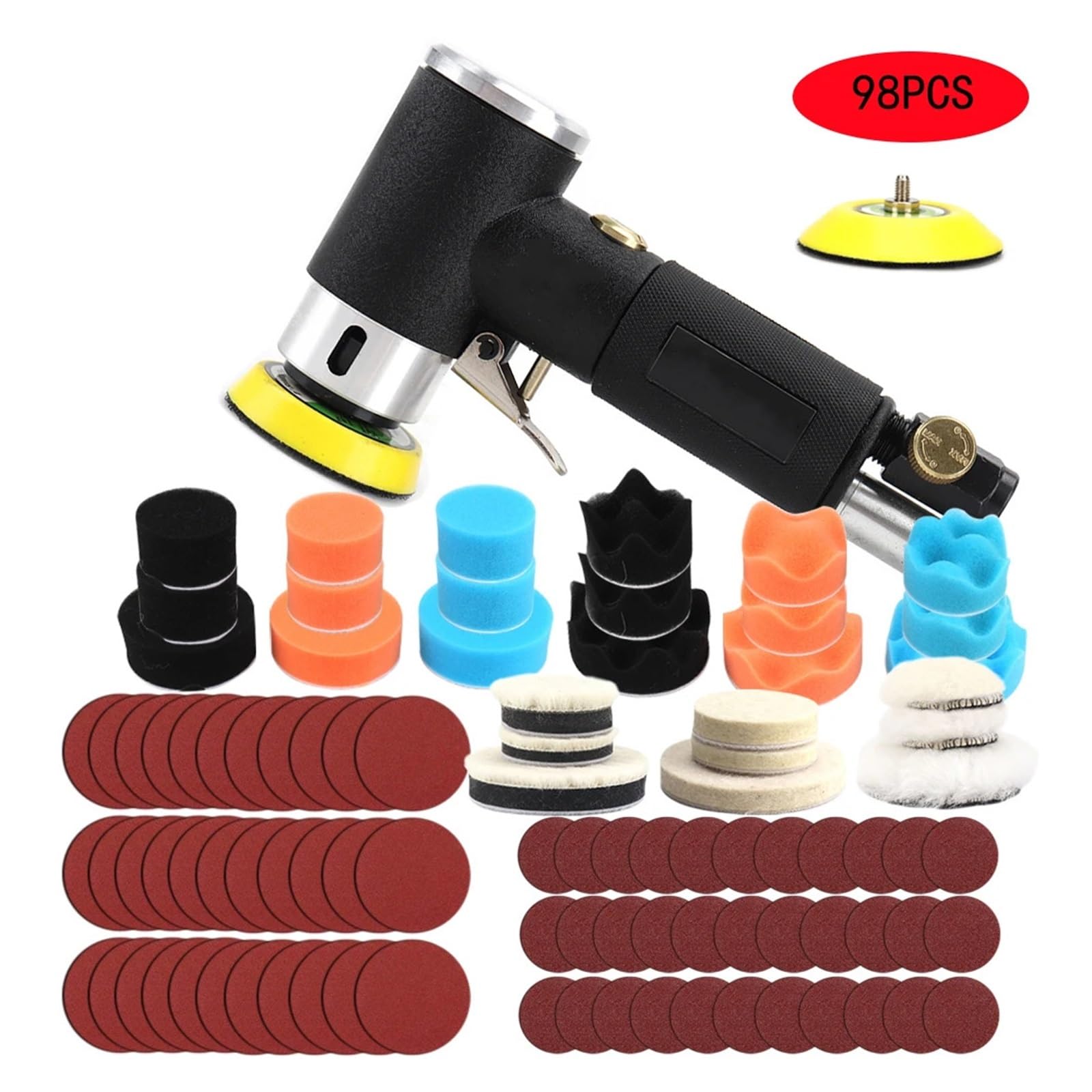 Lijadora de aire Orbital, Mini juego de pulidora neumática de 1 "/2"/3 "para de abrillantado for coche, pulidora accionada por aire de alta velocidad en varias superficies(98pcs sander set)