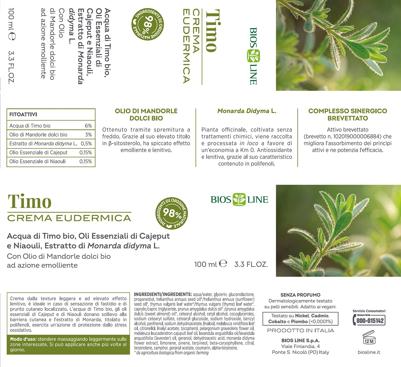 BIOS LINE Crema Eudermica Timo, Crema Lenitiva per Punture Insetti, Impurità Cutanee con Estratto di Monarda, 100 ml