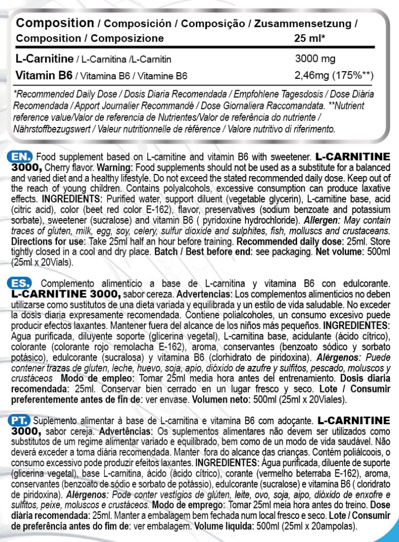 L Carnitina 3000 - L Carnitina Liquida 20 x 25 ml - Carnitina Liquida 3000 - Carnitina Liquida - L-Carnitina 3000 - L Carnitina Fiale - L Carnitina - l - Carnitina (20 unità da 25 ml) (Ciliegia)
