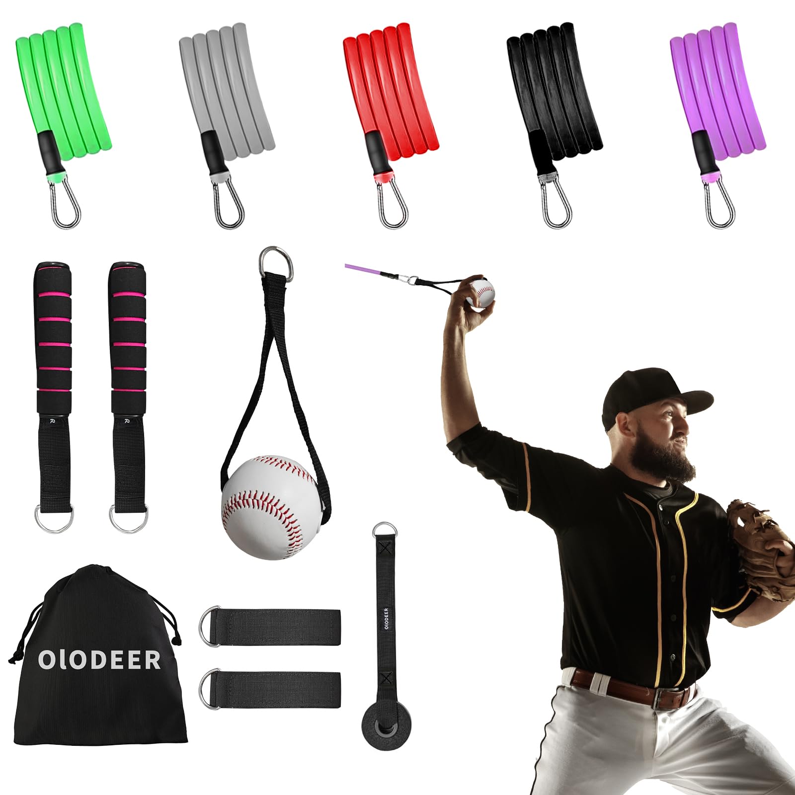 Olodeer Baseball & Softball Resistance Bands - High Elasticity Arm Trainer with Interchangeable Grips for Strength Training, Warm-Ups & Throwing