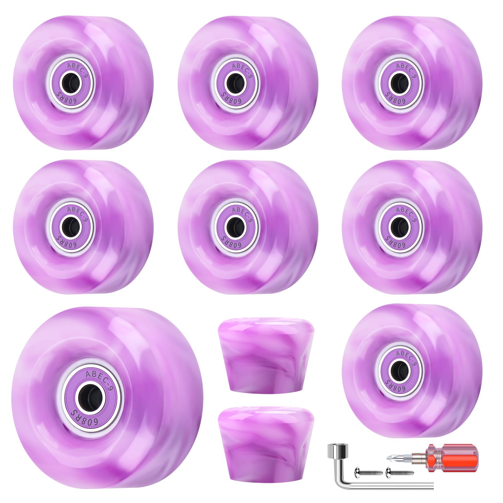 Nezylaf 8 Pack 32 x 58, 82A Quad Roller Skate Wheels with Bearing Installed and 2 Toe Stoppers for Double Row Skating,Replacment Accessories Suitable
