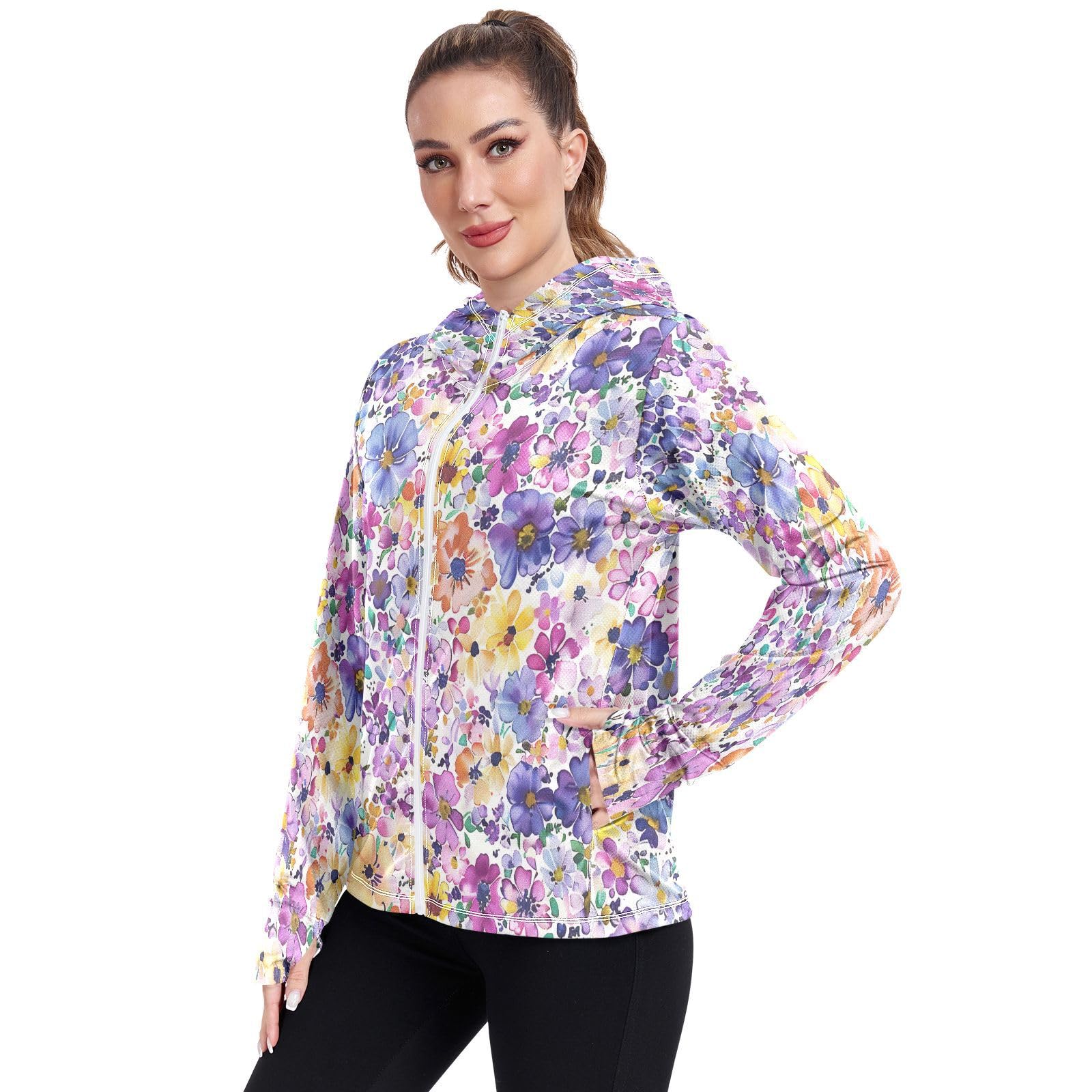 Kigai Flower Women's UPF 50+ Sun Protection Hoodie Jacket with Pocket Zip Long Sleeve Sun Shirt for Gardening Hiking Outdoor
