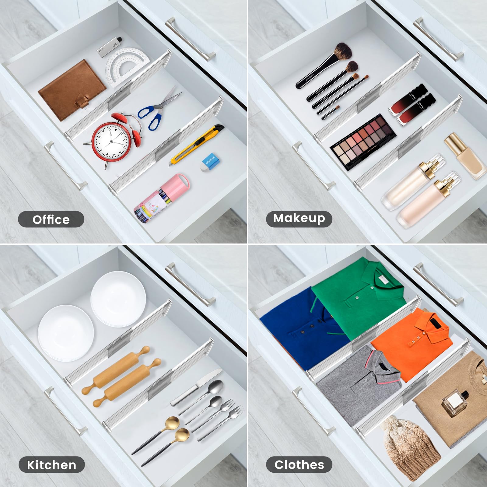 Confezione da 8 divisori regolabili per cassetti, per vestiti, altezza 15,2 cm, espandibili da 30,5 a 50,8 cm, separatori in plastica per cassettiere, camera da letto, bagno, cucina, ufficio