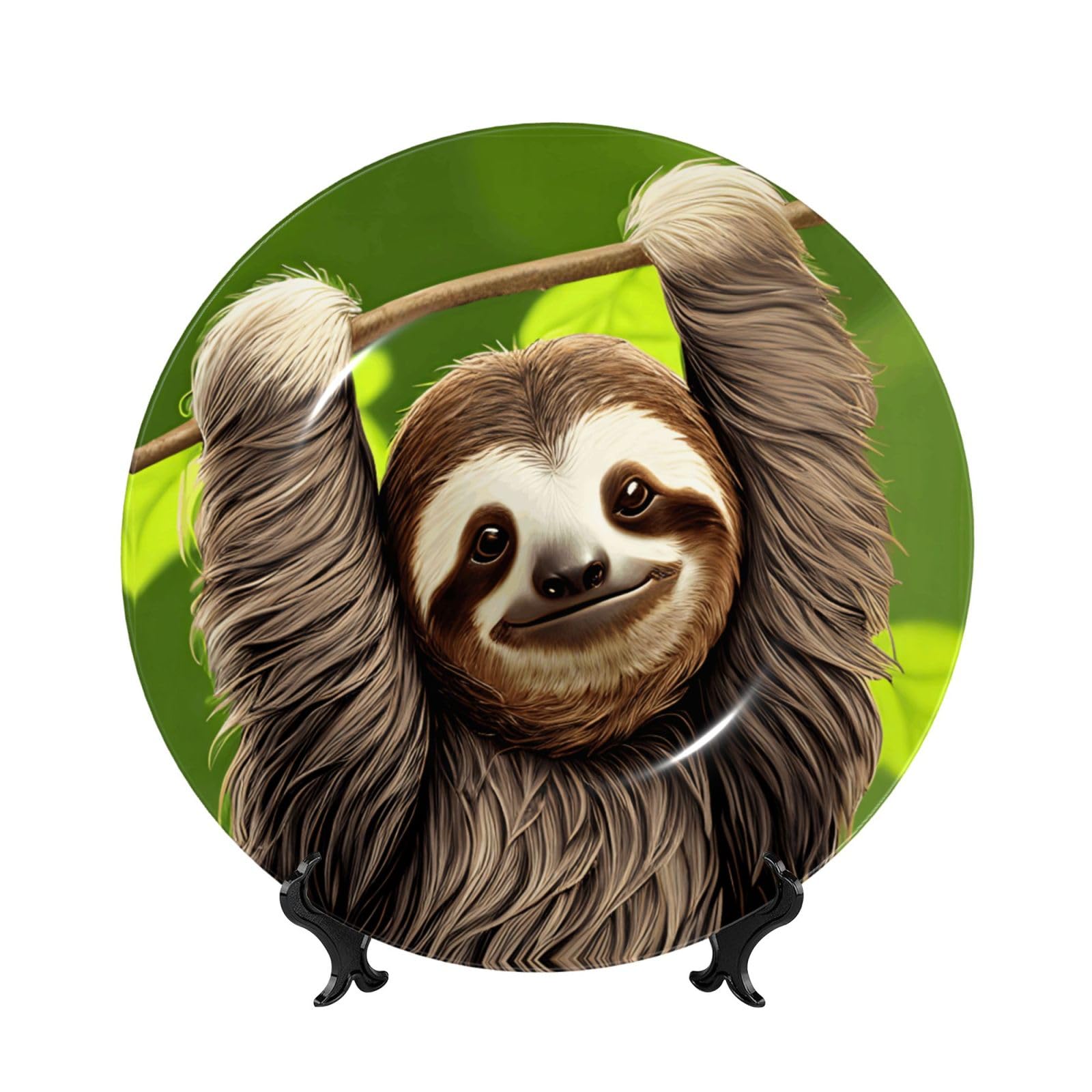 SXZVVBN Cute Sloth Bone China Decorative Plate Art with Stand Removable Adhesive Hanging for Home Office 6in（15cm）
