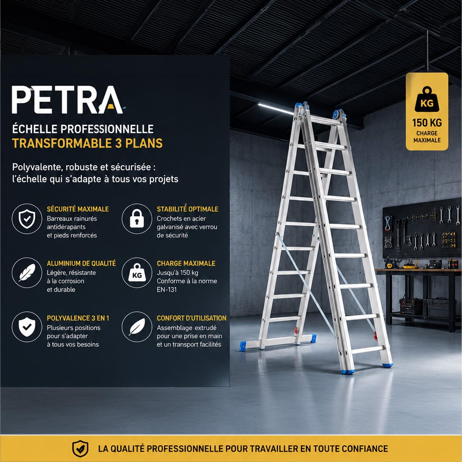 Petra Echelle Professionnelle Transformable en Aluminium 3 Plans 12 marches