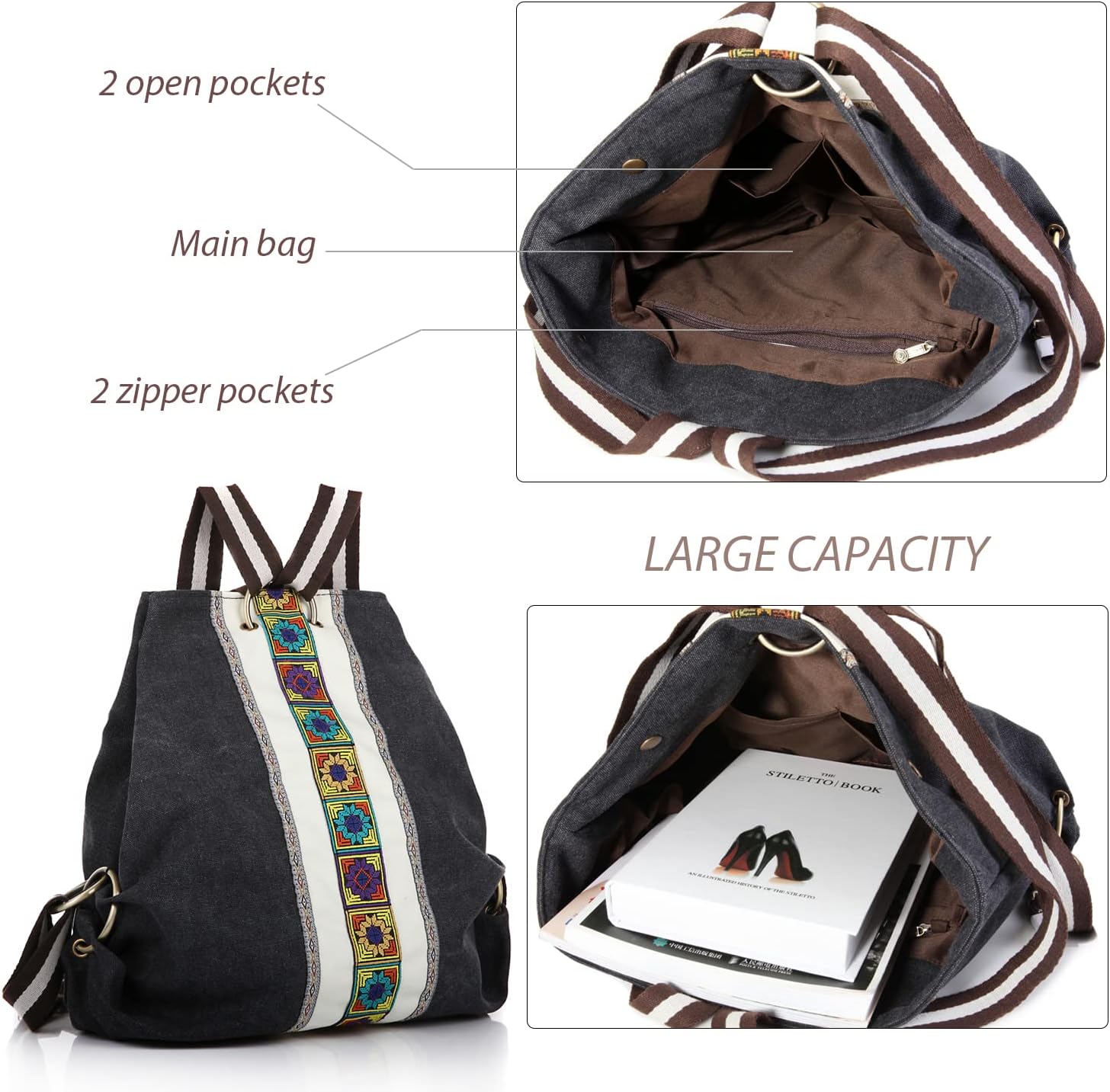 Goodhan Women Canvas Backpack Daypack Casual Shoulder Bag, Vintage Heavy-duty Anti-theft Travel Backpack Grey Black 2