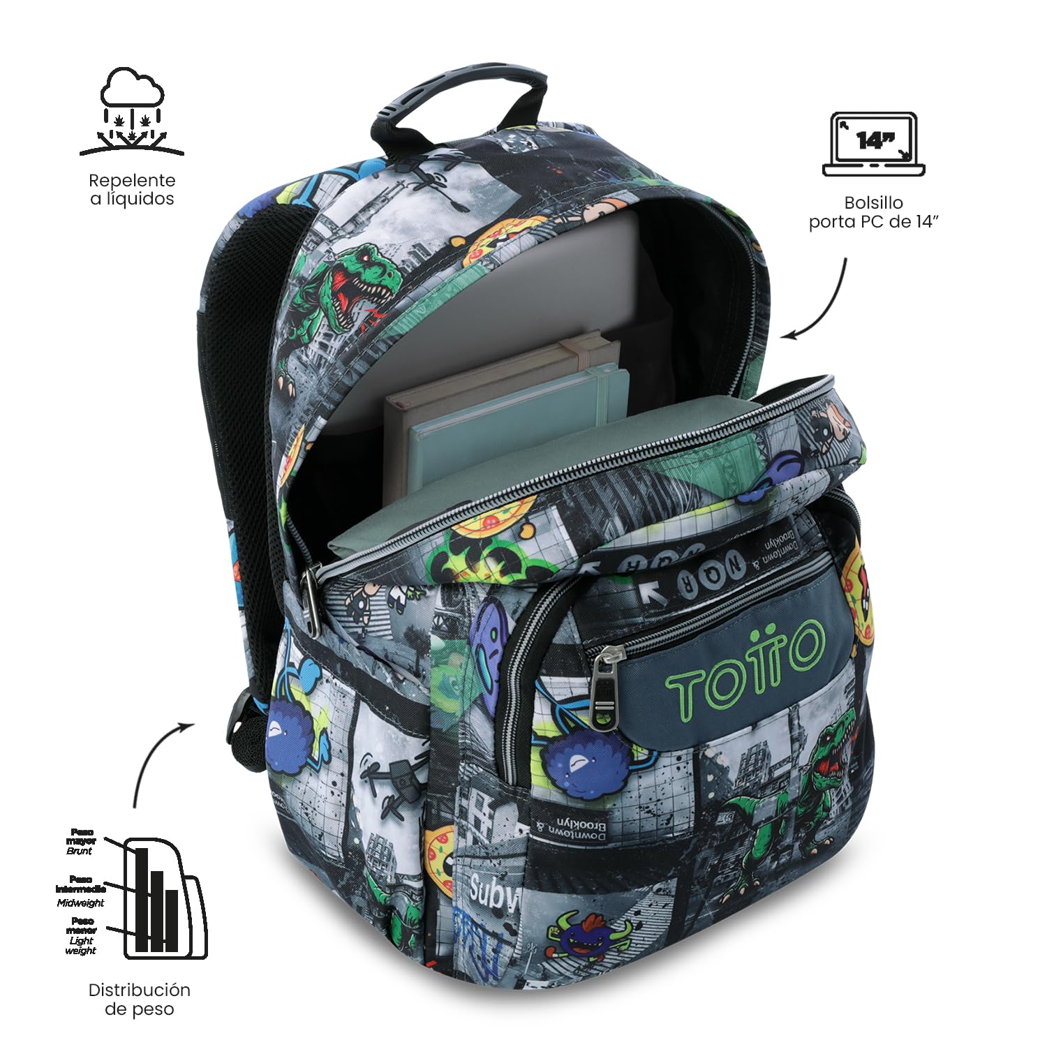TOTTO - Mochila Escolar Adaptable a Carro, Modelo Acuareles Glitter, Capacidad 20L, Bolsillo para Pc 14", 2 Bolsillo Botella, Espaldar Ergonómico con Flujo de Aire, Correas en S, Estampado Rolly Negro