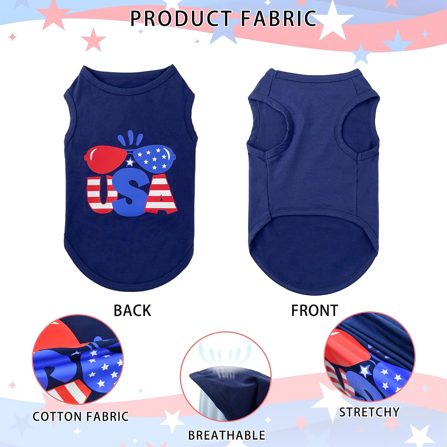 Patriotic Dog Shirt Cotton Fabric USA Flag Sunglasses Puppy Tank Top 4th of July Independence Day Pet Clothes for Small Medium Large Dogs Navy Blue Sleeveless Vest (Blue) XXL