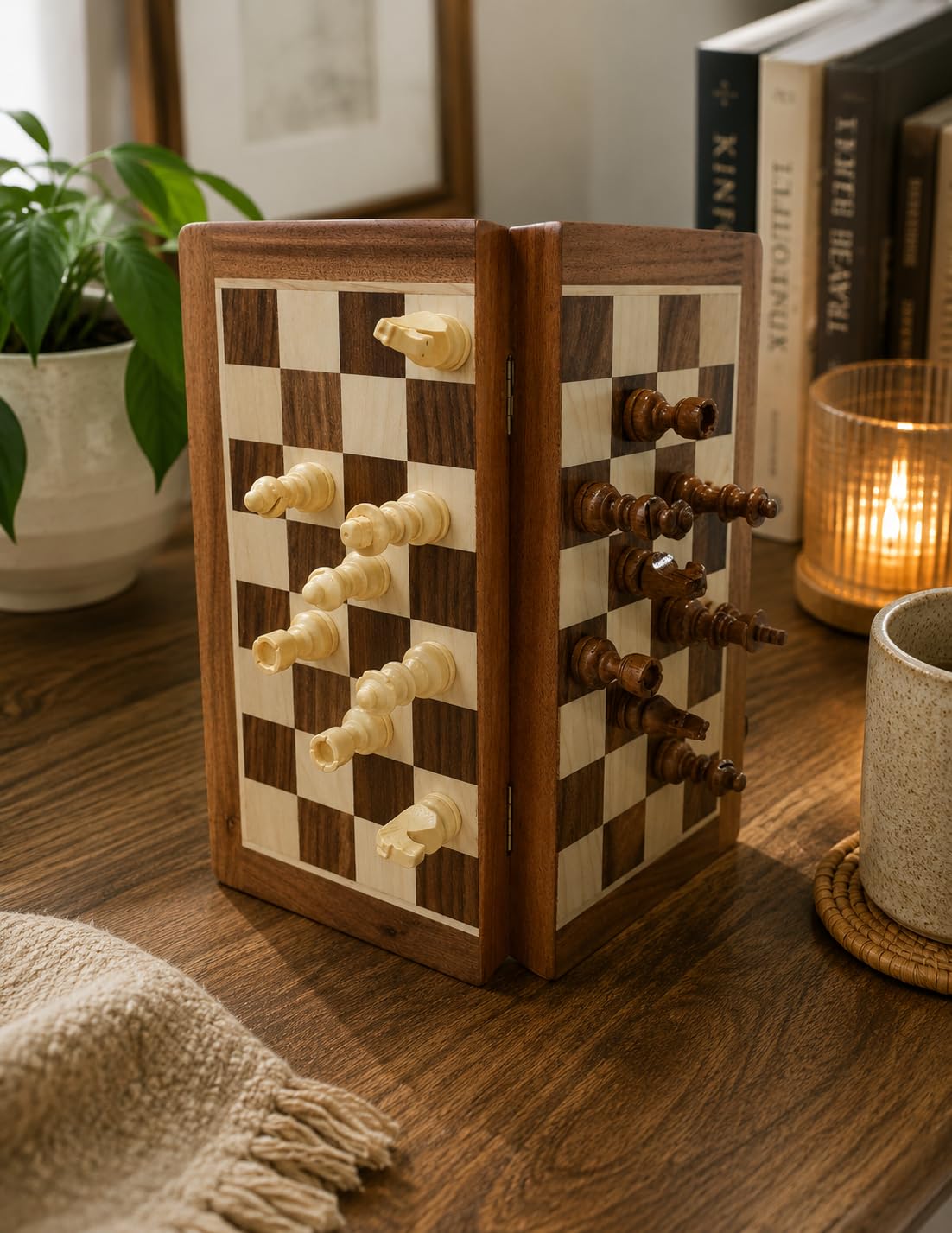 Magnetisches Schachspiel aus Holz – 25,4 cm faltbares Reise-Schachbrett für Erwachsene und Kinder, handgefertigtes Akazienholz-Spiel mit Ablagefach, dekoratives mittleres Schachset für Geschenk und