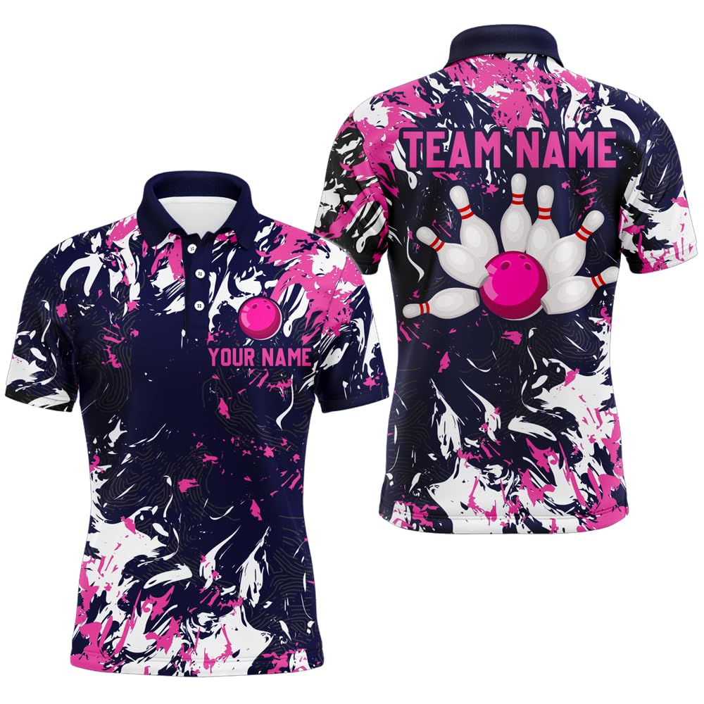 PIONAMZIOZ Personalized Bowling Shirt for Men & Women Camo Bowling Team Jersey Bowling Polo & Quarter-Zip Shirt Multicolor (Polyester, Navy-Pink-White)