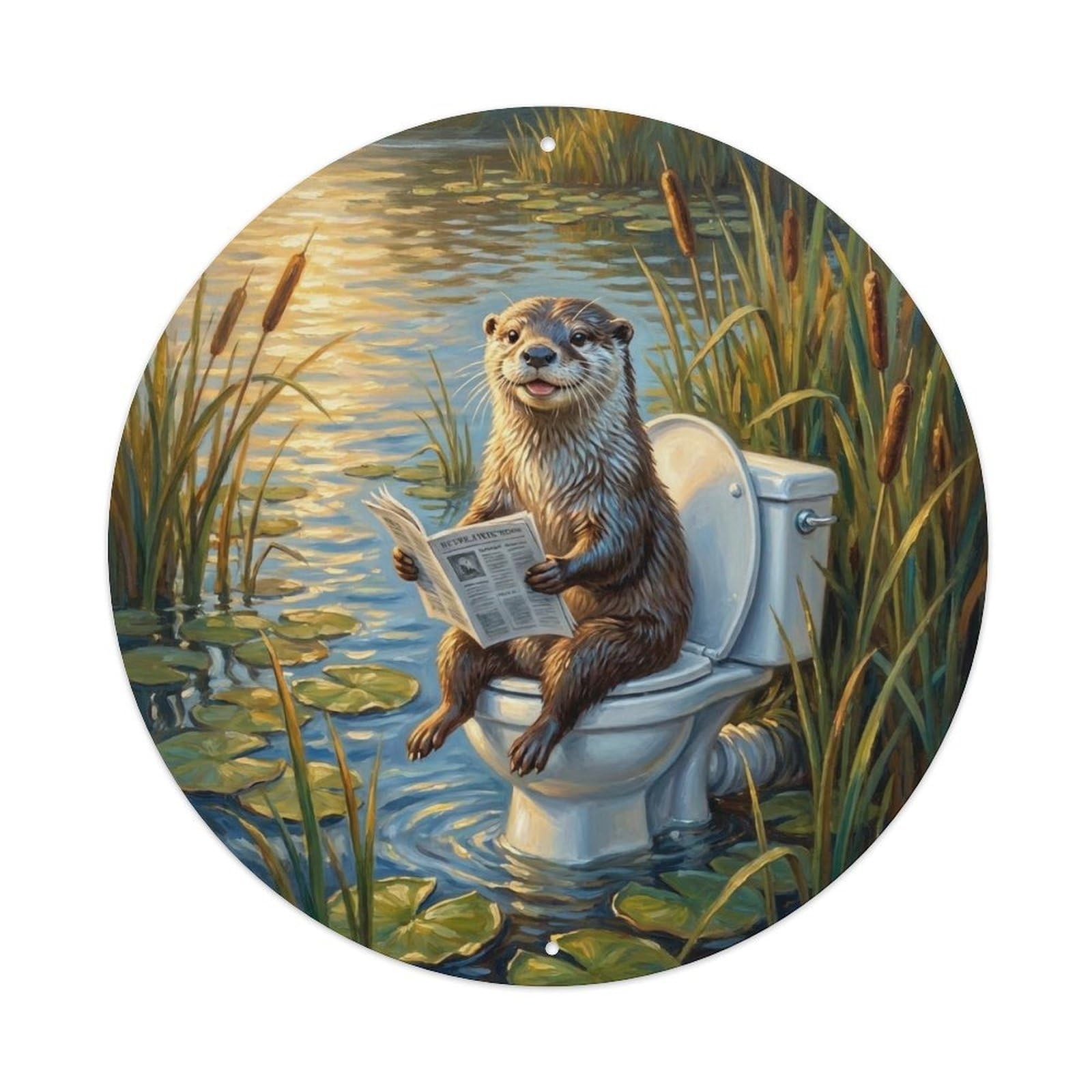 Otter On Toilet Humorous Bathroom River Reeds Glow Metal Tin Sign