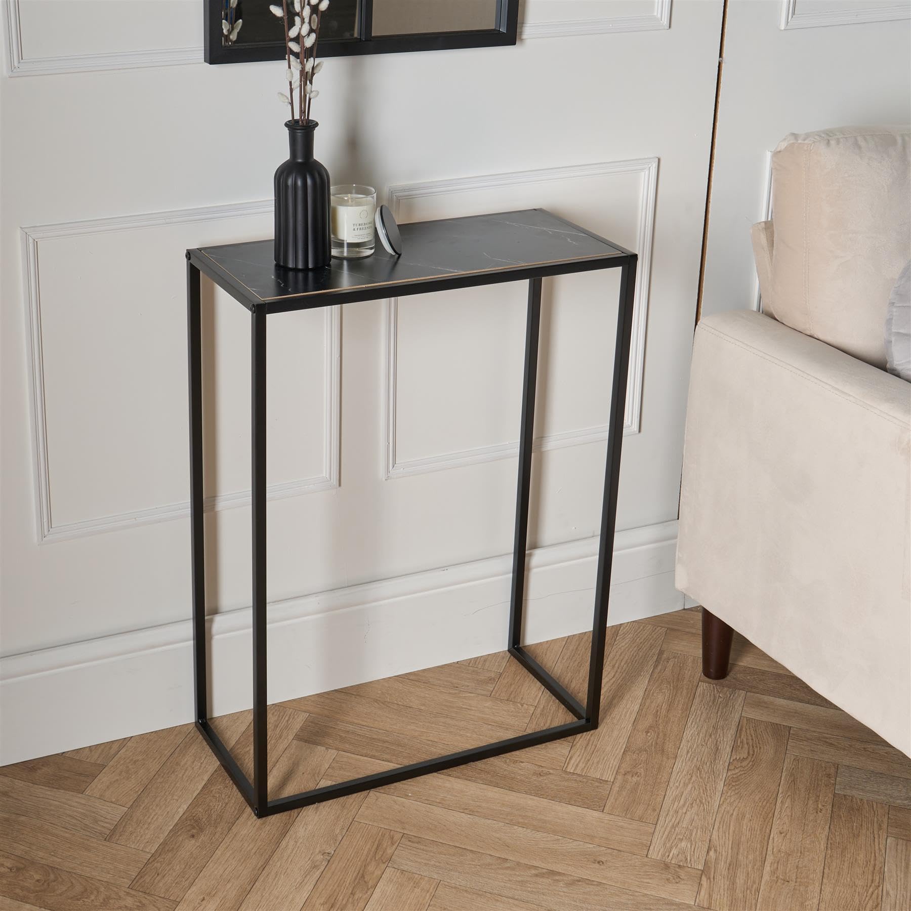 OHS Black Console Table, Marble Effect Hallway Table Sturdy Metal Framing Home Entryway Hall Tables Decorative Modern Tabletop - Black, 76 x 56 x 26cm
