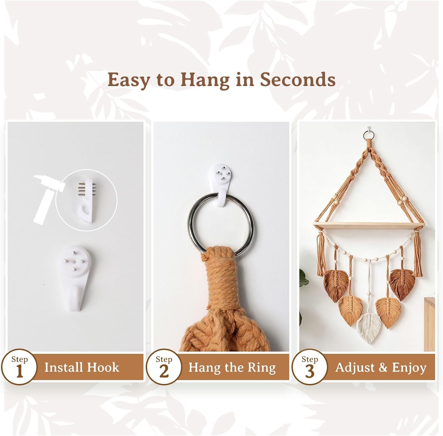 Boho Macrame Wall Hanging Shelf with Brown Beige Leaves, Natural Wood Floating Shelf for Wall Decor, Hanging Plant Shelf for Bedroom Living Room Nursery, Display Rack for Books Photos Candles