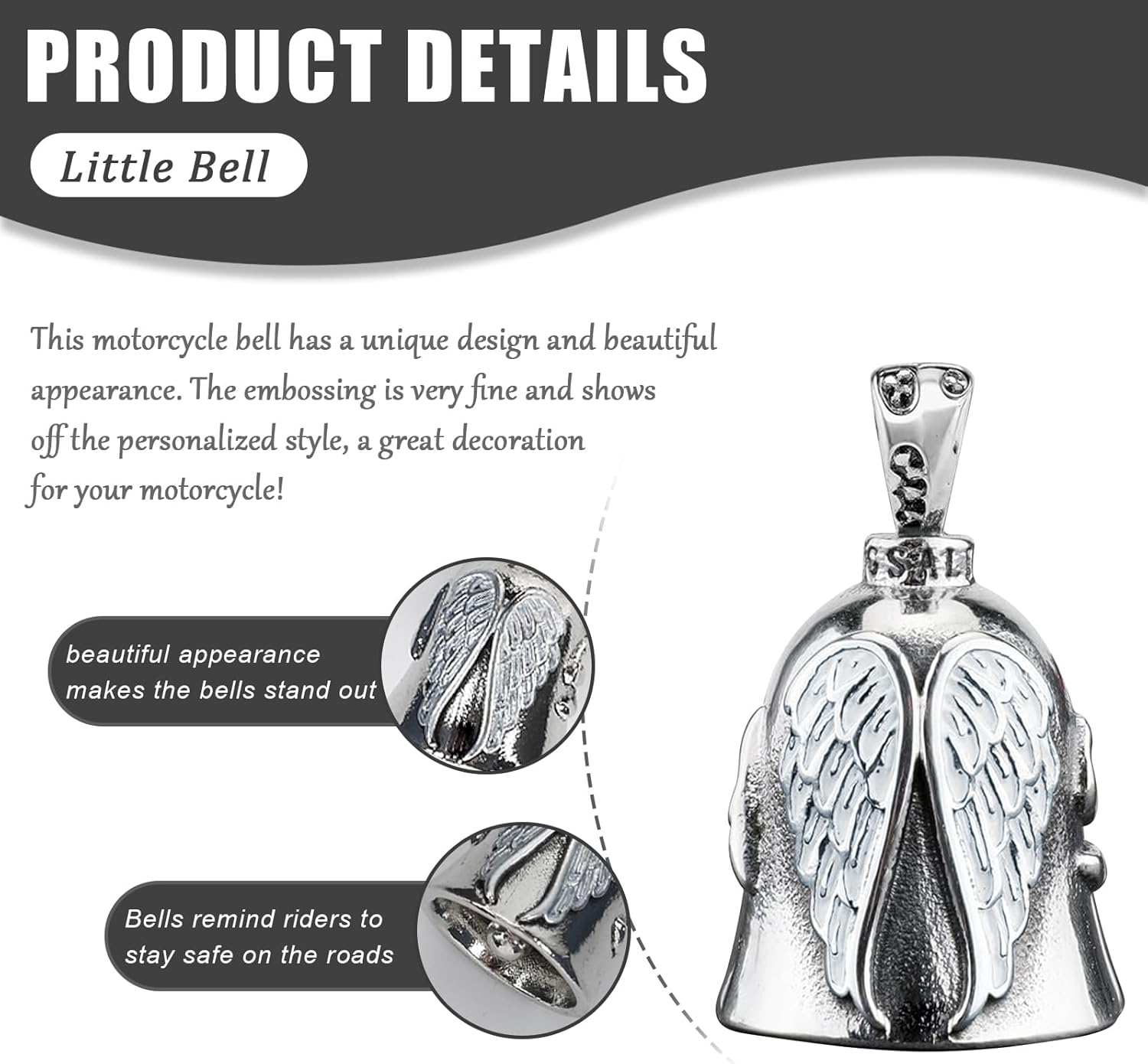 vvag Motorcycle Bell Durable Guardian Angel Bell Hanger Biker Bell with Keychain Ring Motorcycle Accessories for Women - Image 4