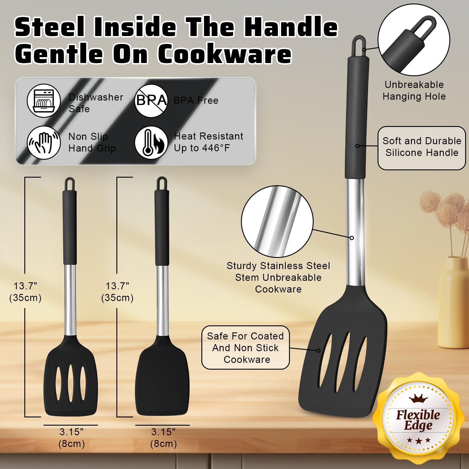 Silicone Spatula, 2 Pcs Heat Resistant Slotted Spatulas for Cooking BPA Free Non Stick Flexible Silicone Spatula Set - Image 2