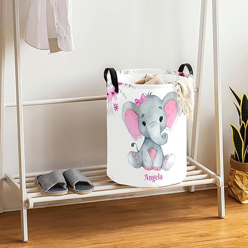Miniatura 3 de Cestas de lavandería personalizadas de elefante rosa con nombre, cesta de almacenamiento de ropa plegable con asa para baño, dormitorio, cocina