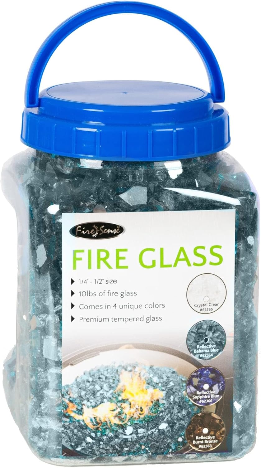 Premium Sparkling Reflective Tempered Fire Glass for Outdoor Fireplace Gas or Propane Fire Pits Easy to Install & Stimulate Viewing Experience - 10 Lbs - Bahama Blue