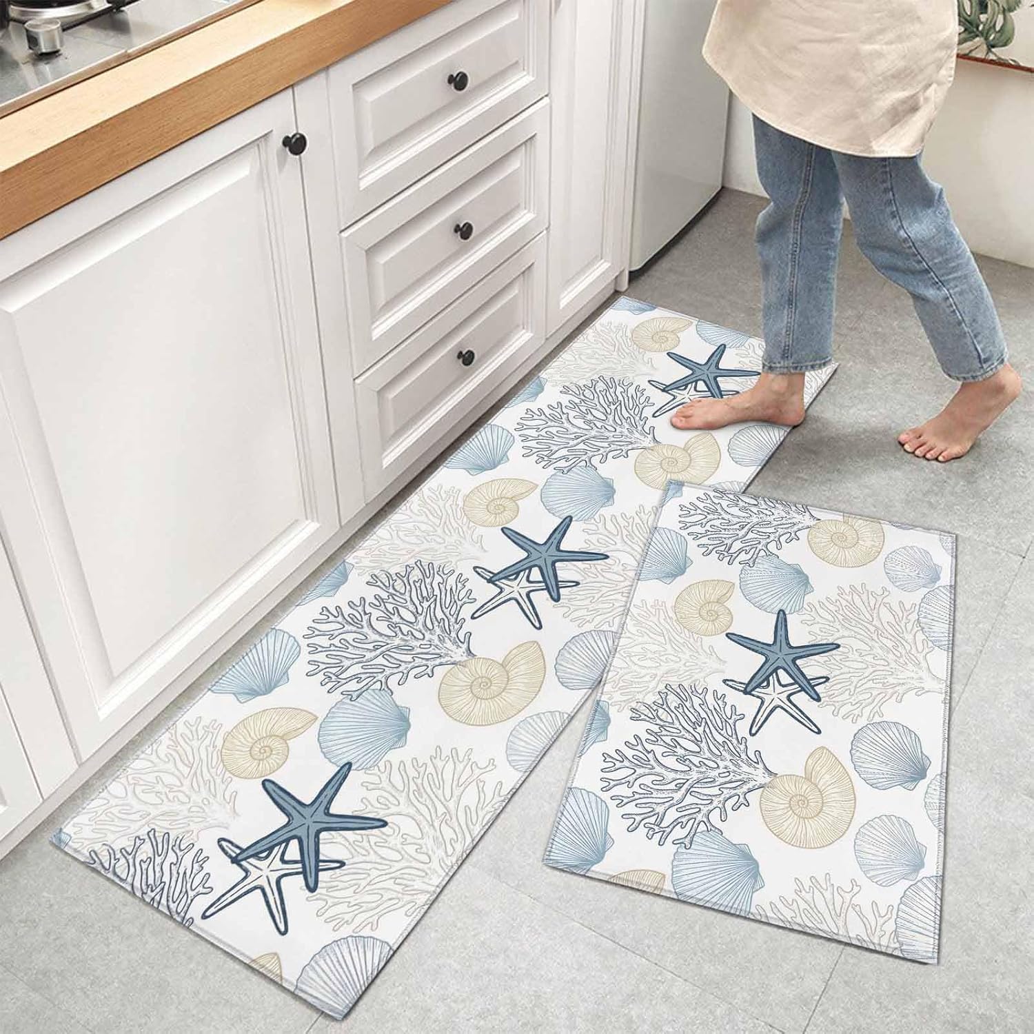 Kitchen Mats for Floor Watercolor Blue Starfish Shell Coral Washable Non Slip Kitchen Rugs 2PCS, Underwater World Absorbent Standing Mats for Sink Bathroom Office Living Room 15.7x23.6in+15.7x47.2in