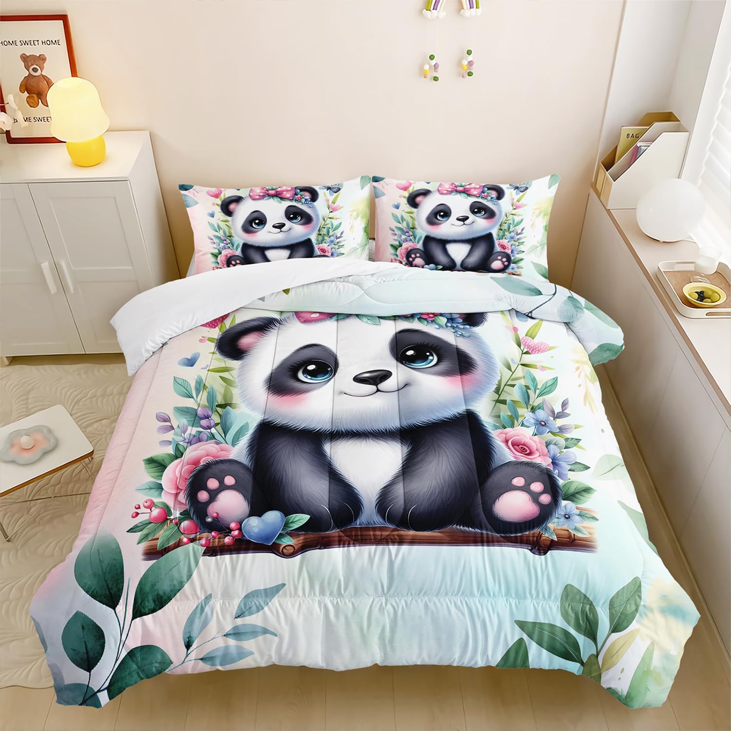 Kawaii Black White Panda Comforter 3Pcs Twin Tie Dye Wild Animal Flower Bear Bedding Set for Kid Teen Girl Boy Room Decor Swing Butterfly Botanical Quilt with 1 Comforter and 2 Pillowcases