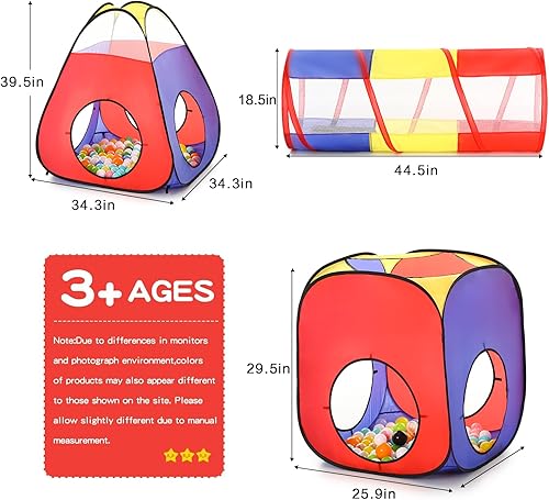 Miniatura 3 de Tienda de campaña 3 en 1 para niños pequeños con piscina de pelotas para bebés y túnel de juego, casa de juegos para interiores y exteriores con