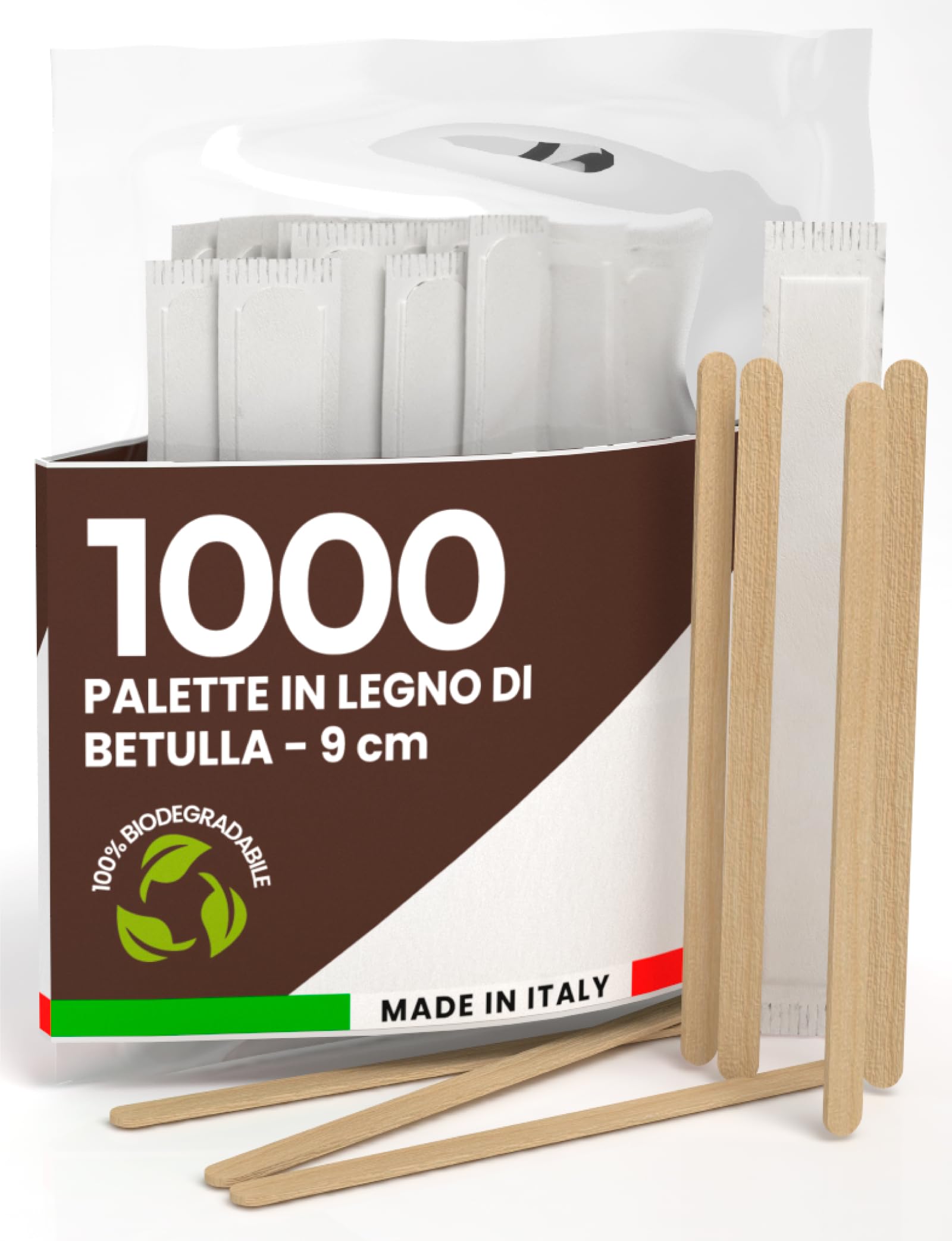 Palette Caff&egrave; In Legno Di Betulla - 1000 Pezzi, Biodegradabili, Compostabili, Resistenza Al Calore, Imbustate Singolarmente