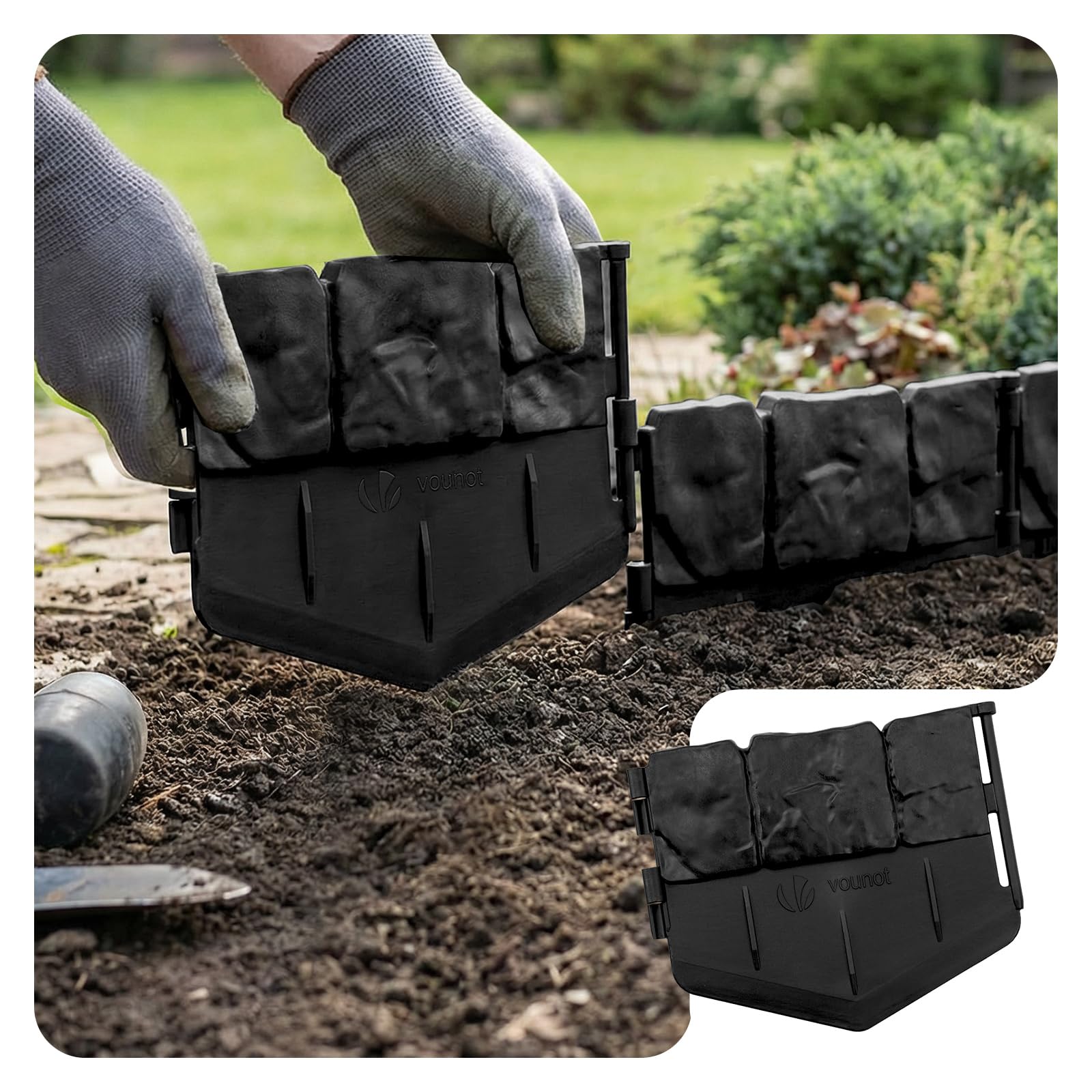 VOUNOT® Lawn Edgnig Border 5.35m, Stone Effect Plastic Garden Edging, No-Dig Decorative Lawn Border for Paths, Lawns & Flower Beds, Set of 35, Black