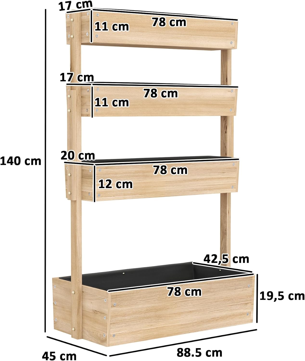 Diagram showing the dimensions of the 4-tier raised wooden planter