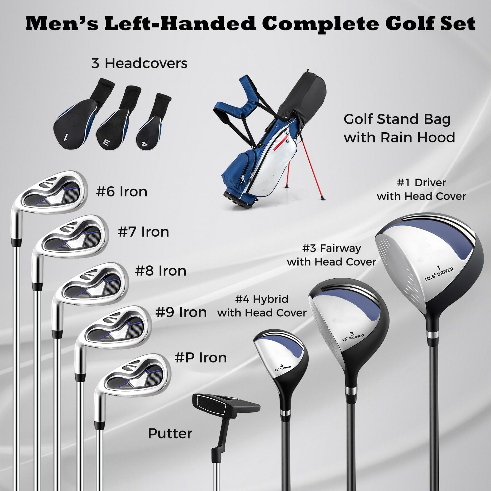 LIFEZEAL Komplettes Golfset für Herren, Golfset tragbar rechts, Tasche mit 7 Fächern, Putter, 3 Holz: Driver #1, Fairway #3, Hybrid #4, 5 Nadeln: #6, #7, #8, #9, Pitching Wedge