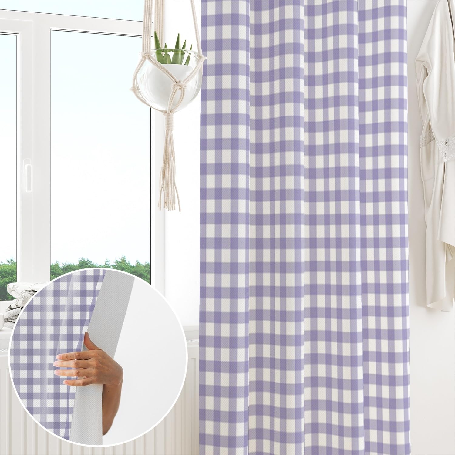 Cortinas a Cuadros de Guinga Dormitorio UVA Púrpura Geométrico Bolsillo para Varilla Sala de Estar Granja Rústica Exterior Puerta Privacidad 135x245cm 2 Paneles
