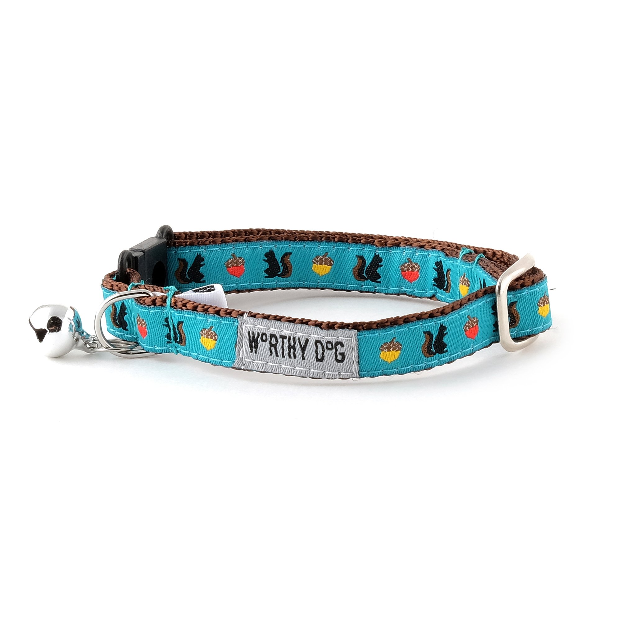 The Worthy DogSquirrelly, Squirrel and Acorn Adjustable Designer Pet Cat Collar, Teal, 10"