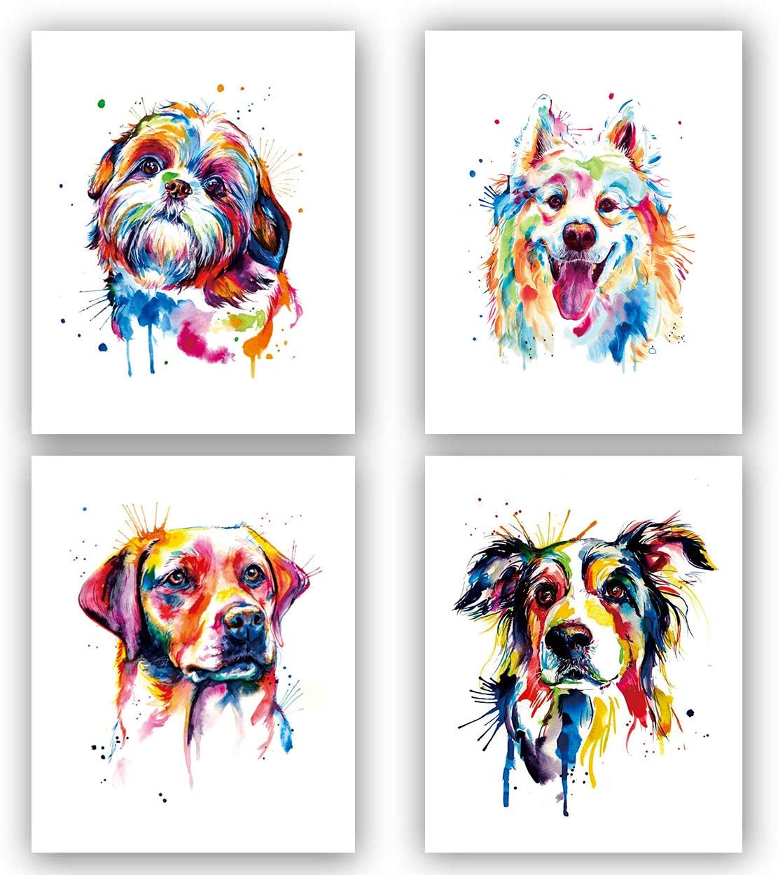Lovely Dog Canvas Wall Art,Pet Canvas Painting Puppy Artwork,Labrador Samoyed Border Collie For Bedroom, Bathroom Wall Art Decor Set of 4 (8”X 10” , No Frame