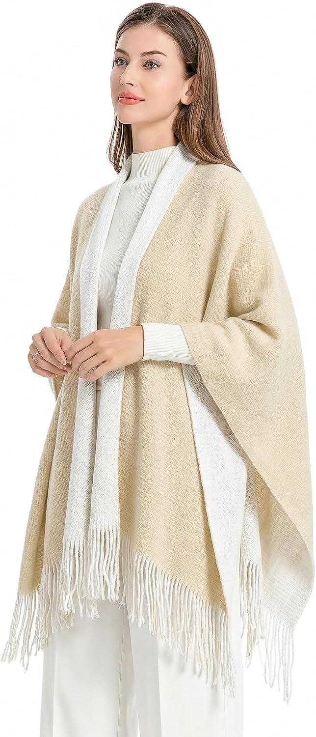 ZLYC Women's Reversible Winter Knitted Cardigan Faux Fringe Capes Shawl Blanket Wrap Sweater