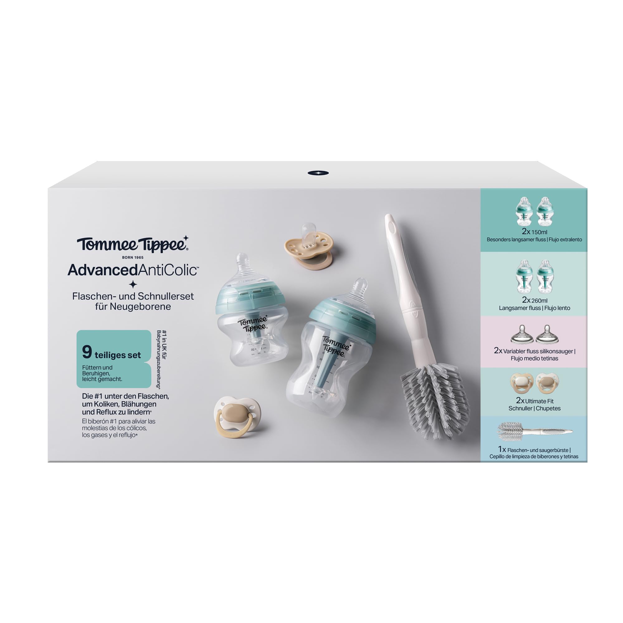 Tommee Tippee Starter Set anti-colica avanzato per neonati, 150 ml e 260 ml, biberon con tettarella a flusso lento e Super Lento, 2 tettarelle a flusso medio, con cannuccia anti-colica
