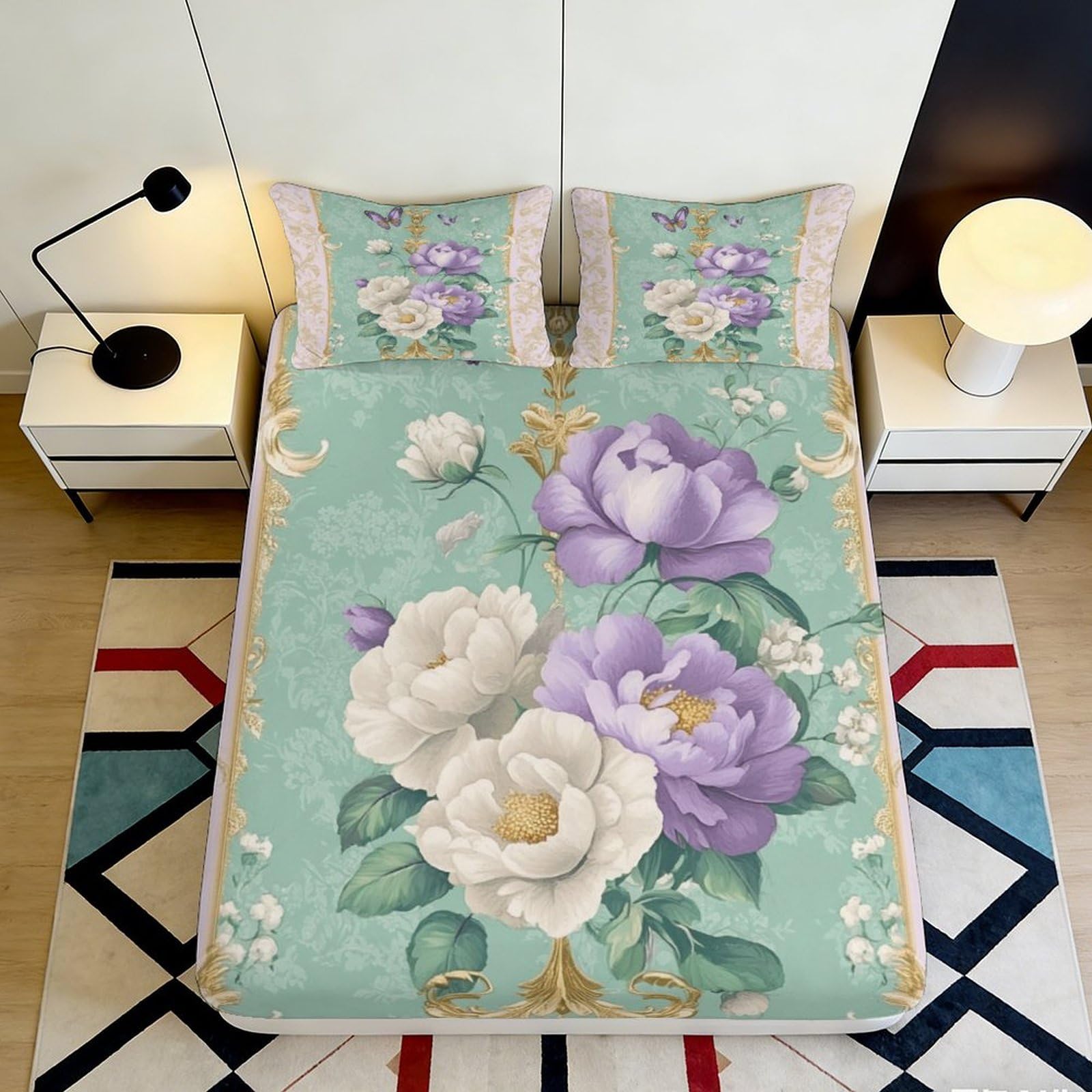 3D Printed Peony Floral Fitted Sheet Microfiber Soft Anti-Slip Mattress Cover for Bedroom Guest Room Machine Washable 140x200x25cm