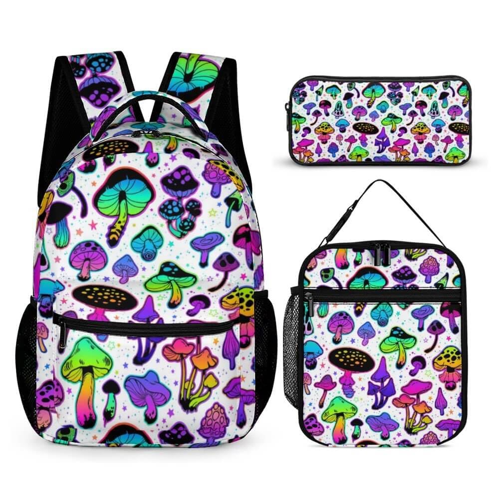 Homieblanket Mushroom Backpack with Lunch Box & Pencil Case, 16 Inch Cute Mushroom Themed Bookbag, Adjustable Lightweight Large Capacity, Colorful
