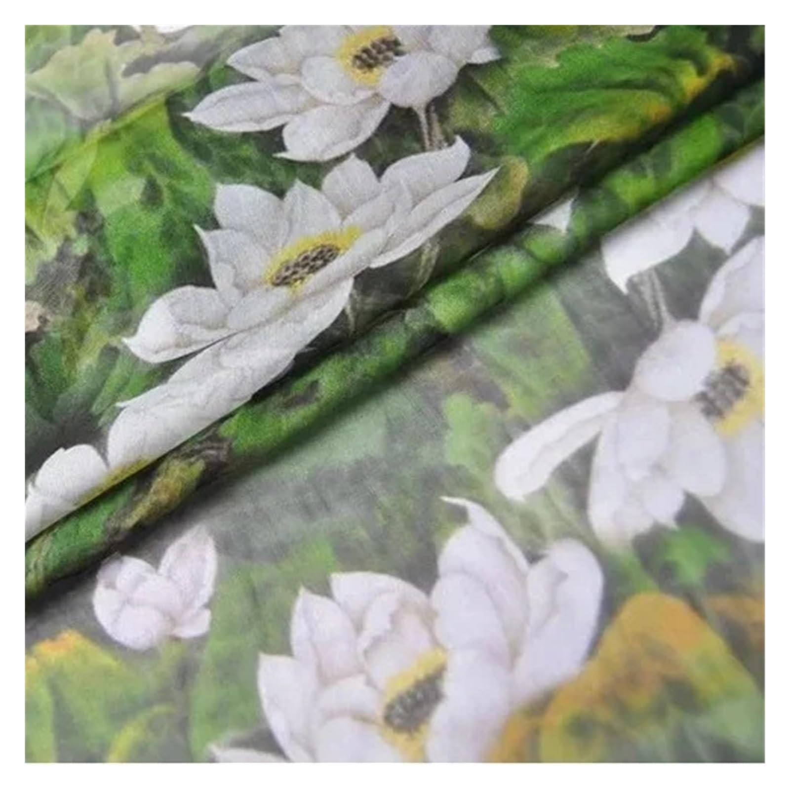 Tissu Jacquard Tissu En Mousseline De Soie Lotus Blanc Avec Motif Vert