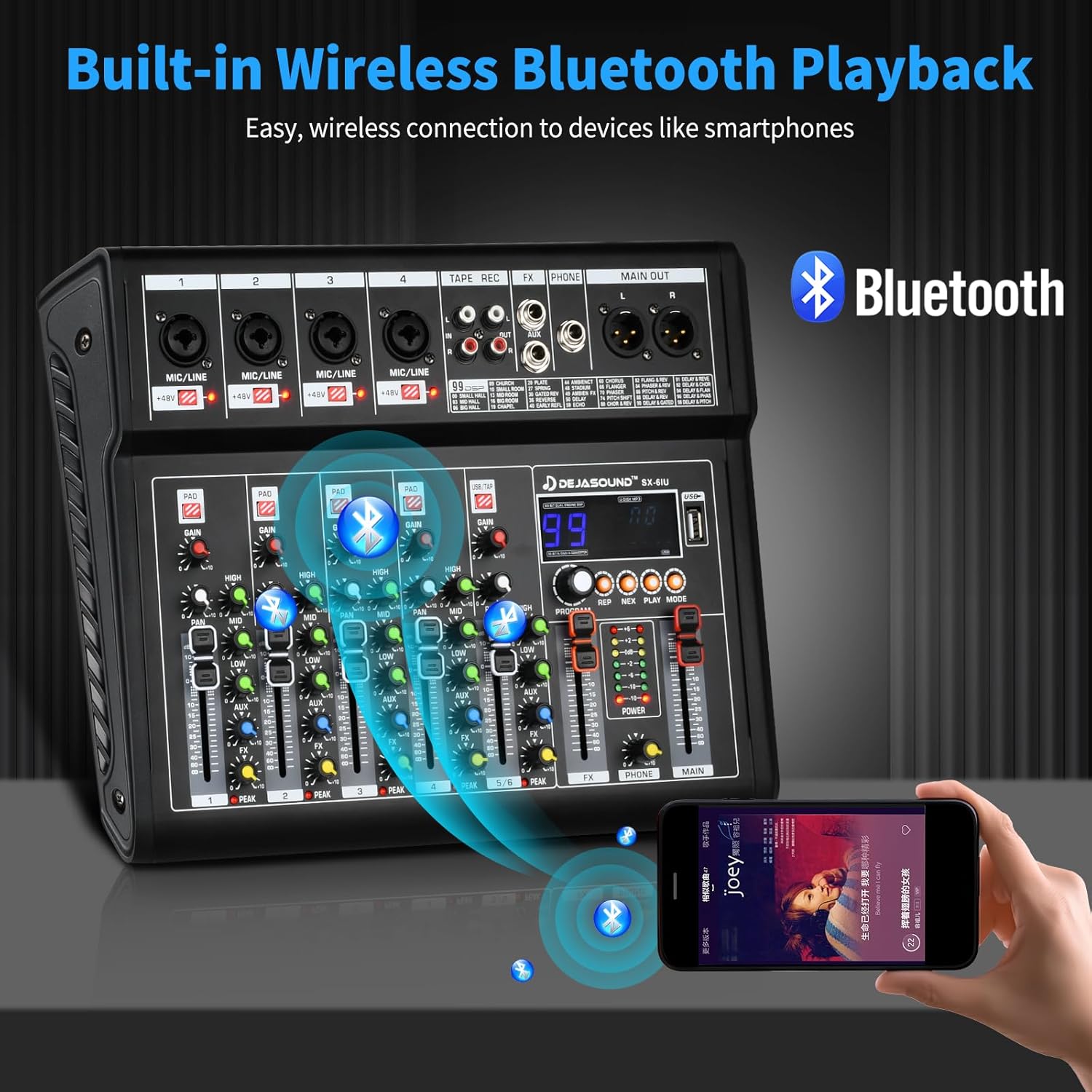6-Channel Audio Mixer for PC, SX-6iu Mixing Console with XLR Inputs, Bluetooth, 99 Digital Signal Processor Effects, USB Interface, MP3 Compatible for Podcast, Music, Recording 9.84"x2.17"x12.6"inches