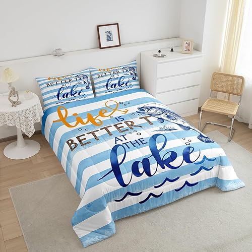 Miniatura 3 de Erosebridal Juego de edredón de pesca con lubina, diseño de peces y lubina, edredón individual de edredón para niños y niñas, juego de ropa de cama