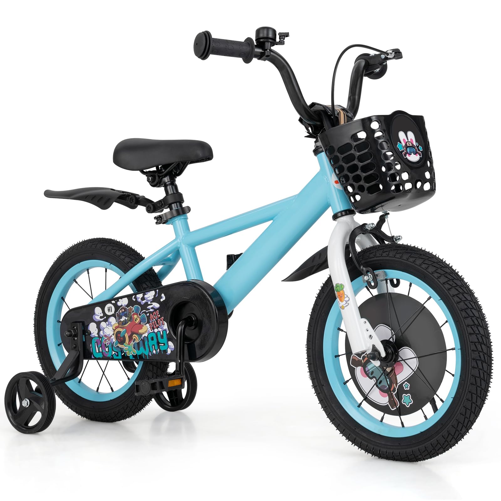 BABY JOY Sporty Kids Bike, 14 Inch Child Bike for 3-8 Years Old w/Adjustable Height, Training Wheels, Storage Basket, Handbrake Coaster Brake, Kids Bicycle for Girls Boys (Blue)