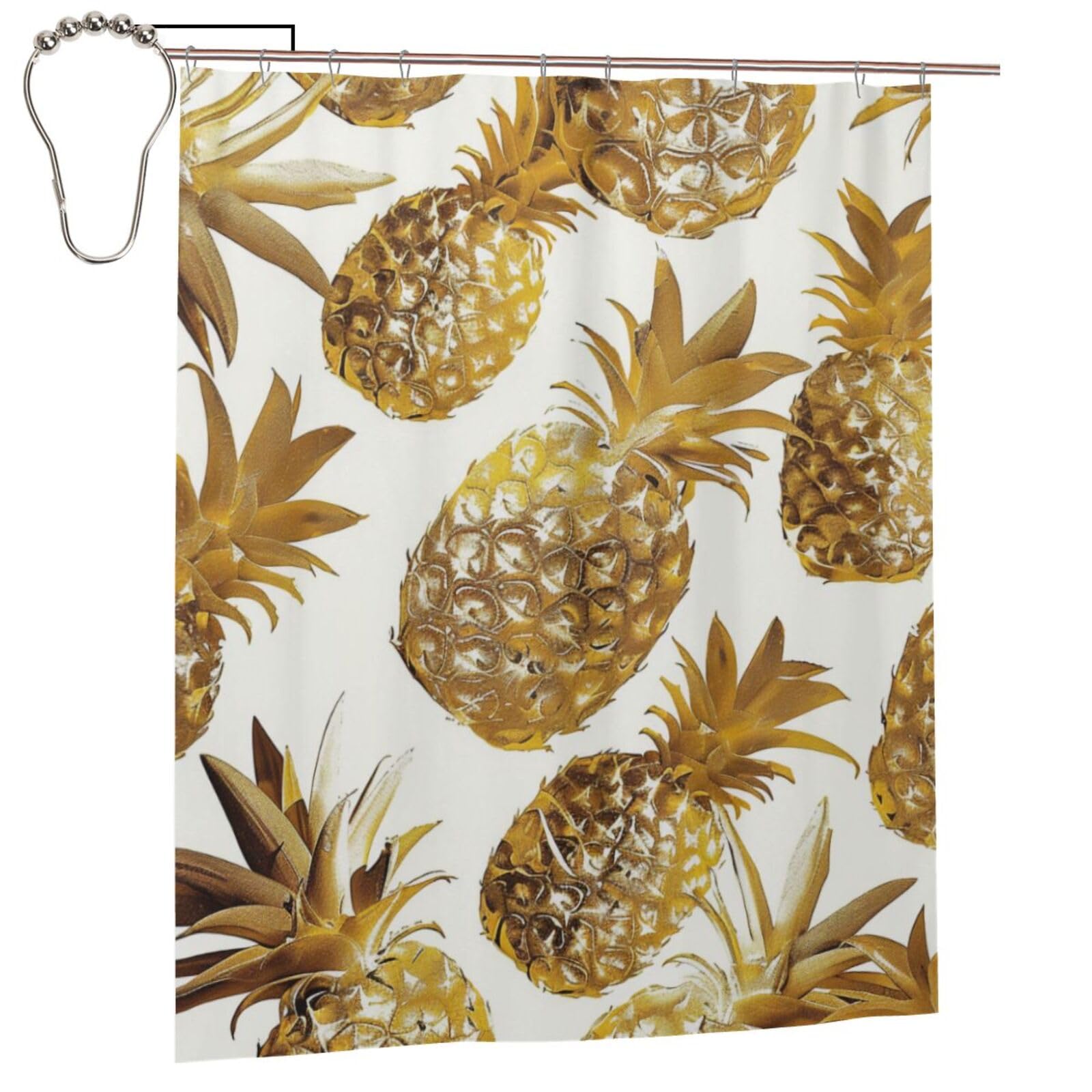 BWWHCCTI golden pineapple background Printed Shower Curtain With 12 Iron Hooks Opaque Quick Drying Waterproof Shower Curtains Sets For Bathroom 152x183 Cm