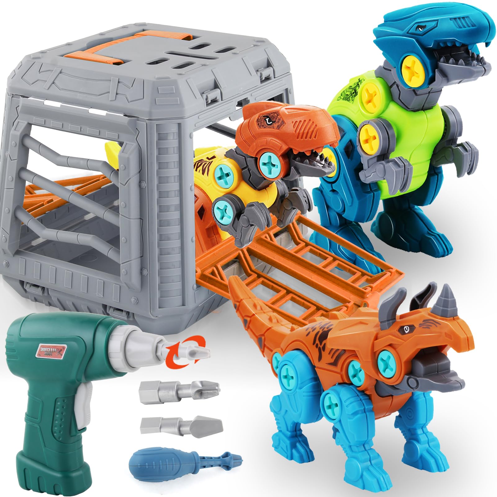 STAY GENT Dinosaurios Juguetes para Niños con Taladro Eléctrico Jaula Caja de Almacenamiento, Dinosaurio Dducativos Stem Construccion Juguete Navidad Cumpleaños Regalos para Niños Niñas 3 4 5 7 Años