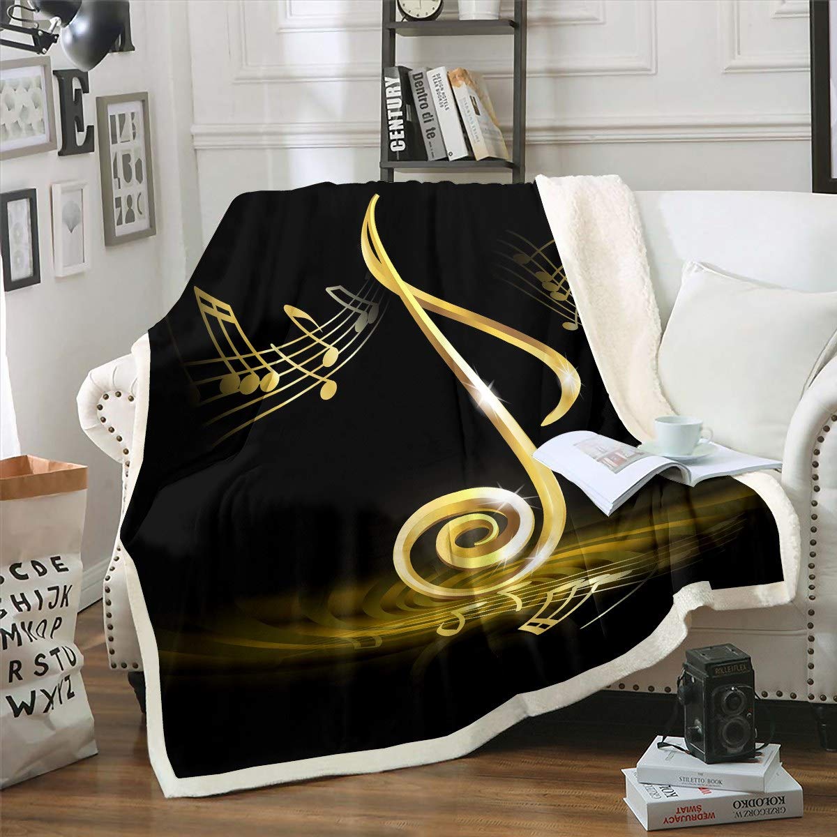 Coperta in pile con musica classica, per sassofono e Sherpa, per bambini, ragazzi, ragazze, jazz, funky, strumento musicale blu, coperta per divano letto, 150 x 180 cm